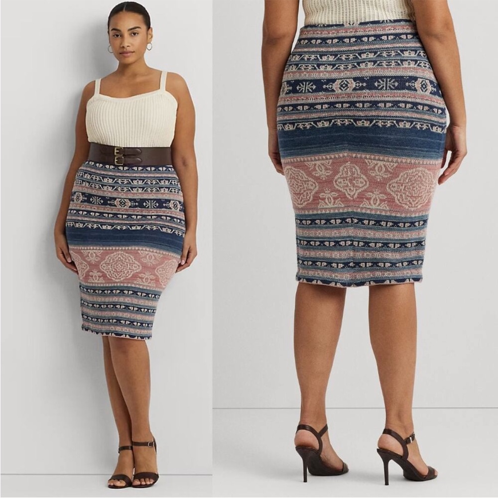 Lauren Ralph Lauren Geo-Motif Printed Pink Blue Knit Linen-Cotton Pencil Skirt